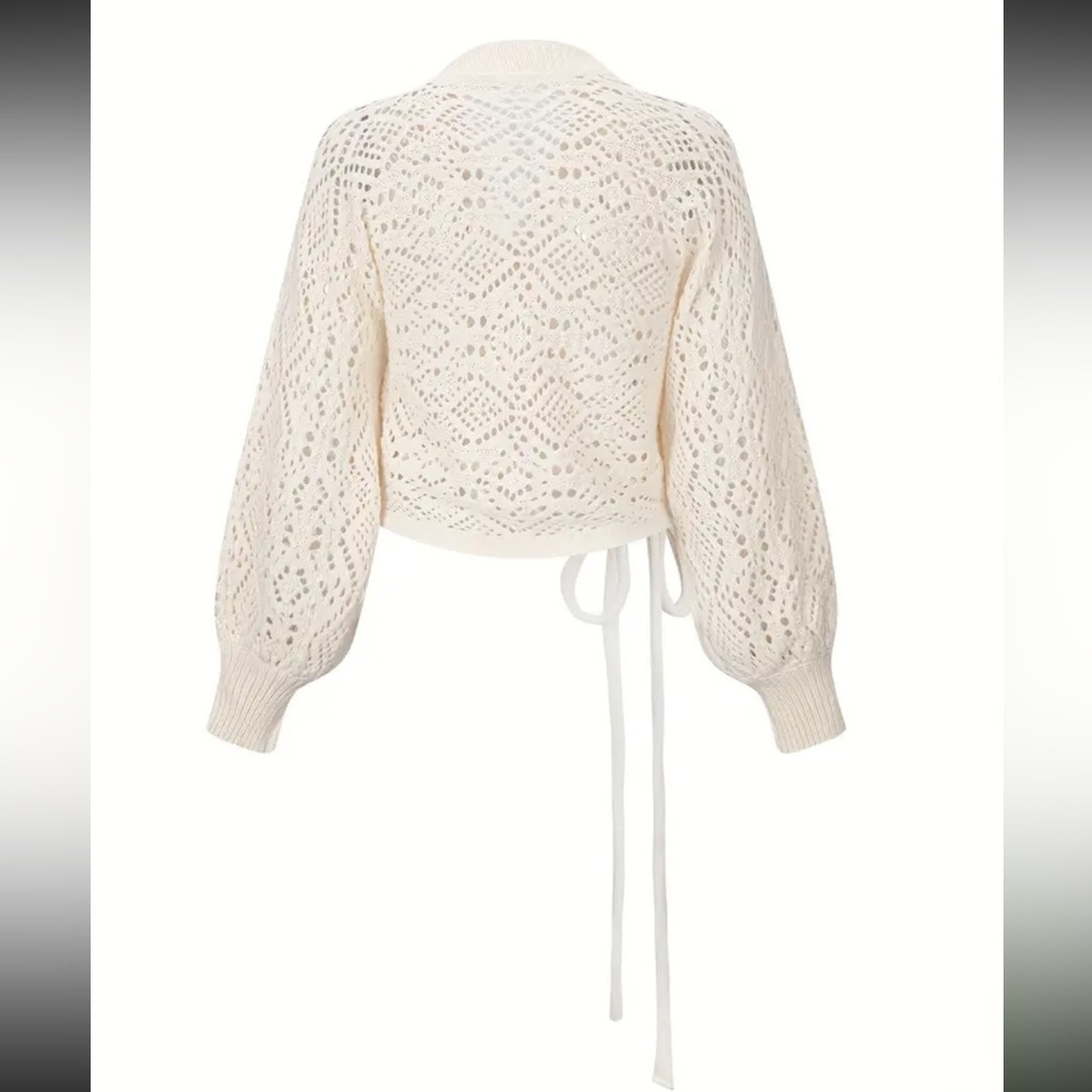 Off White or Milky White Knit Semi Sheer Wrap Sweater - Decorative Side Tie - Picture 7 of 13